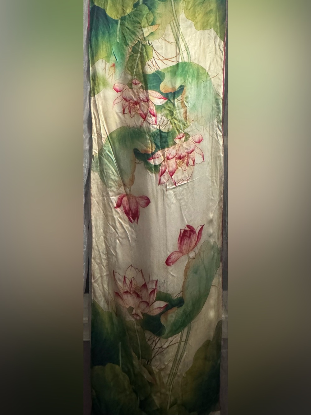 Vintage Silk Lotus Green & Pink Scarf